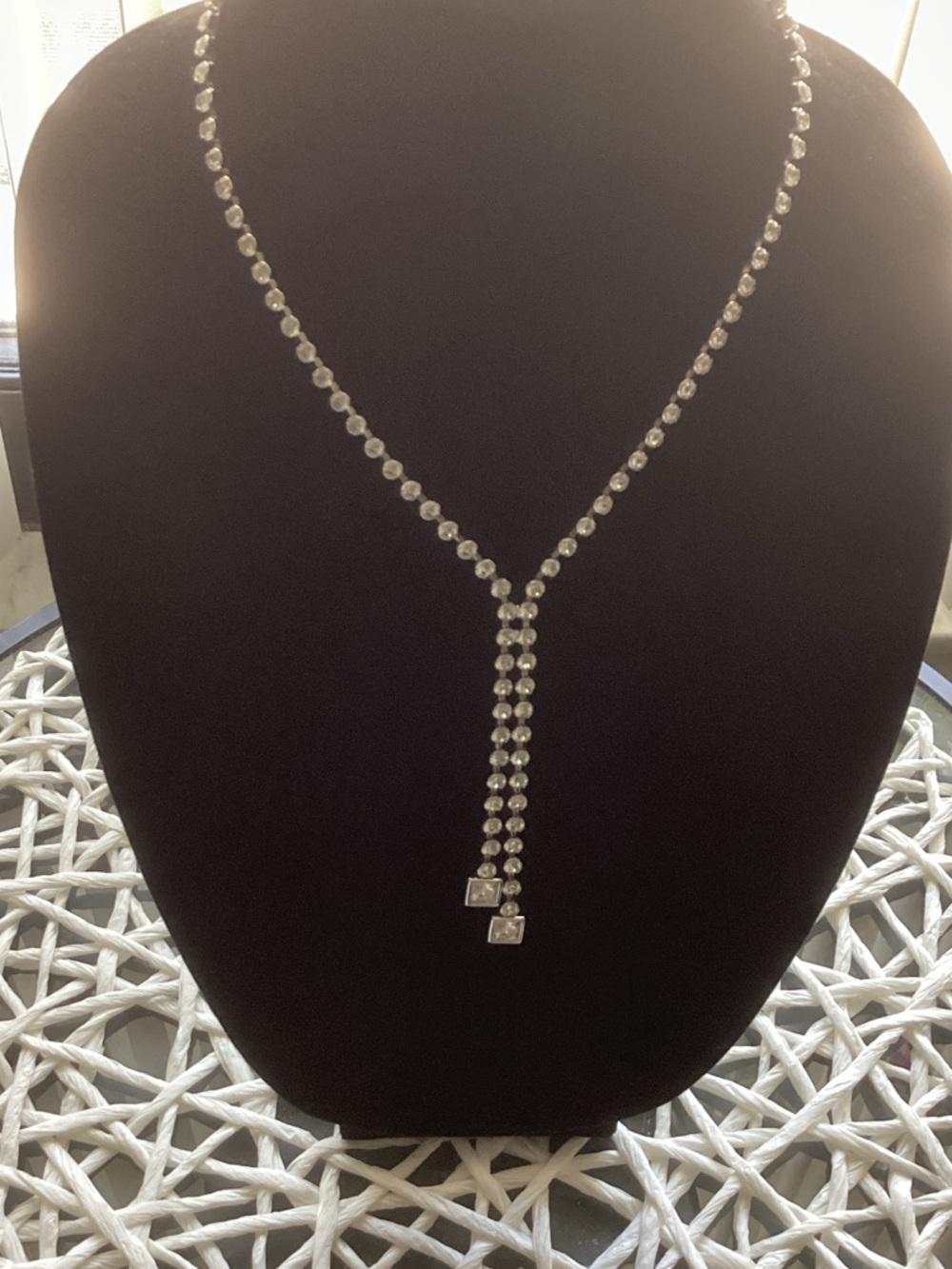 Crystal Y-Drop Necklace in Clear Silver Tone